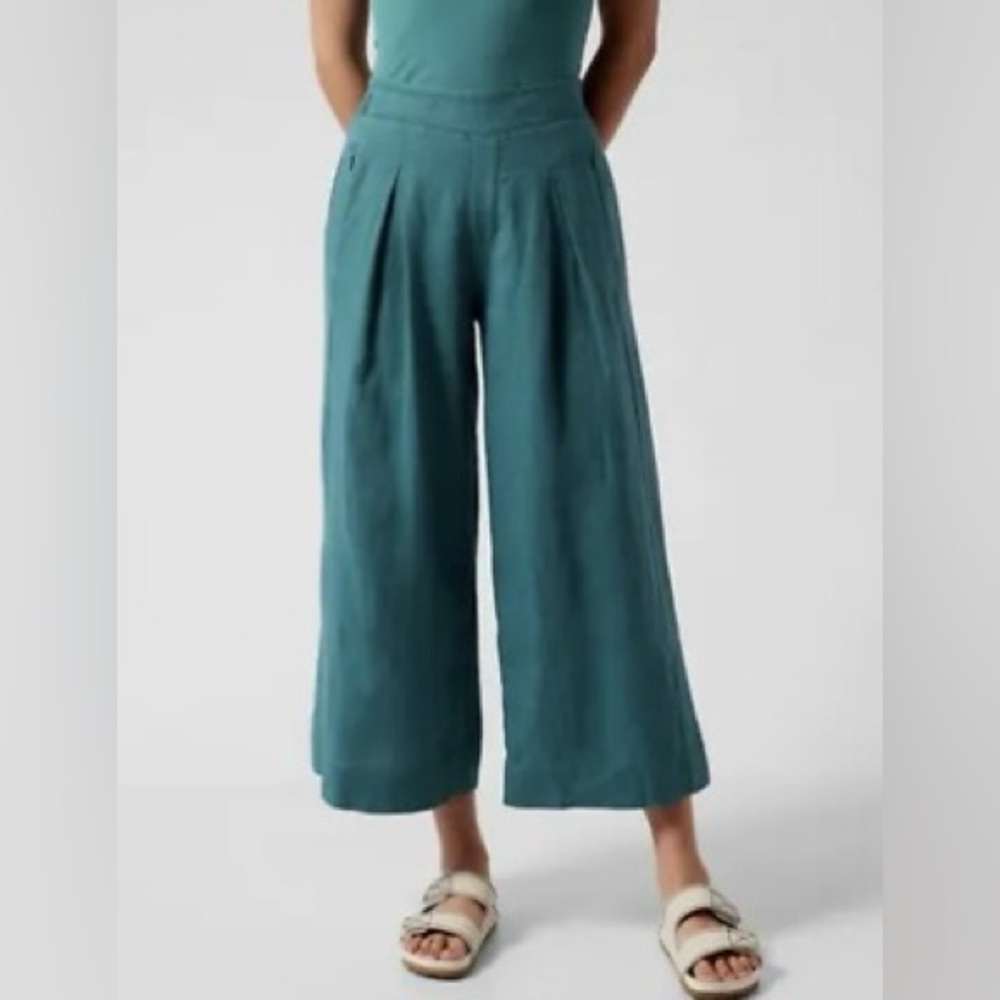 Athleta Playa Wide Crop Pants 100% Linen Teal Size 2 Petite